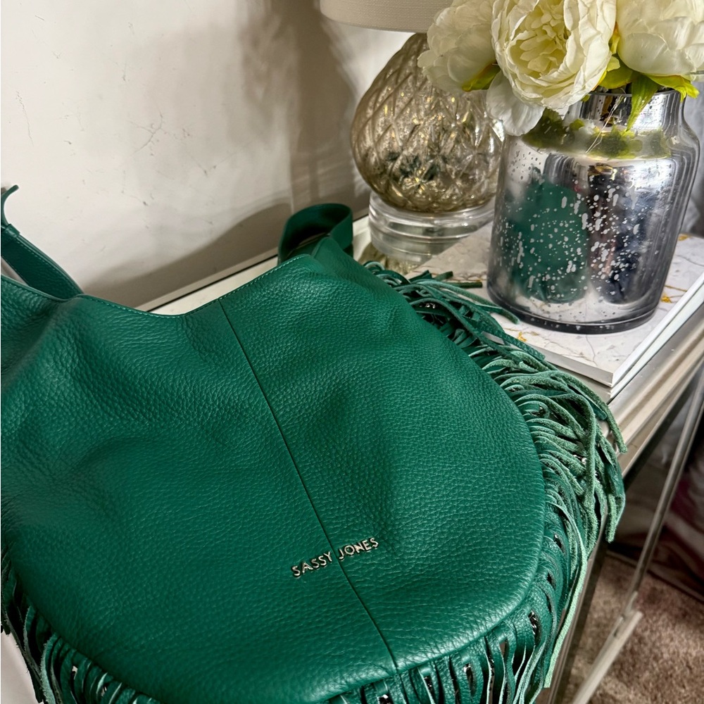New Never Worn Sassy Jones Green Dina Bag with Fringe Accents